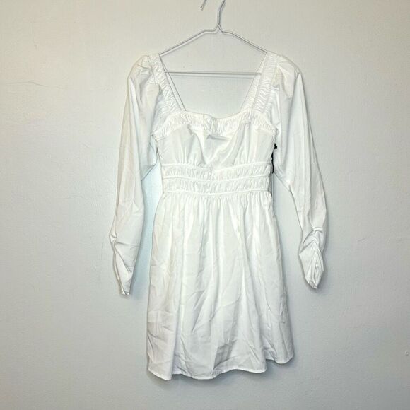NWT ASTR The Label Cinched Waist Smocked Long Sleeve White Mini Dress Size XS - Picture 1 of 8